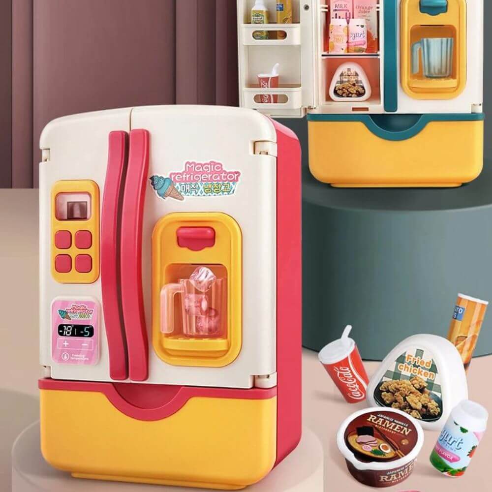 Brinquedo infantil, geladeira, acessórios com dispensador de gelo